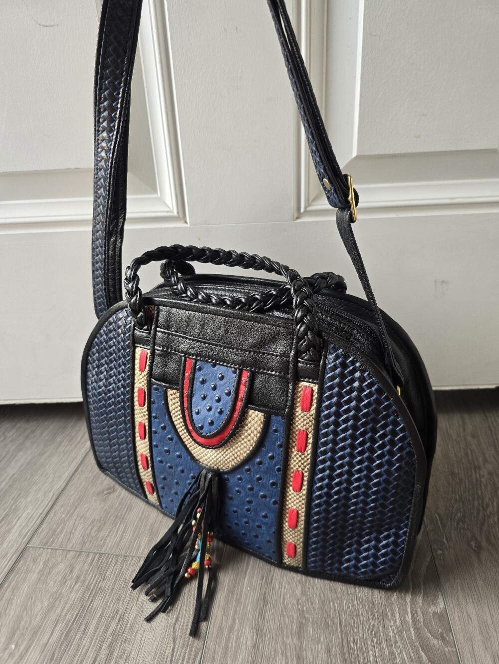 D'Onofrio Leather Handmade Boho Satchel Bag Blue Basketweave Ostrich Tassel USA